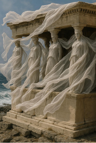 #Caryatids tekoucí ve větru# Styl sochy je úzce spojen se starověkým řeckým uměním