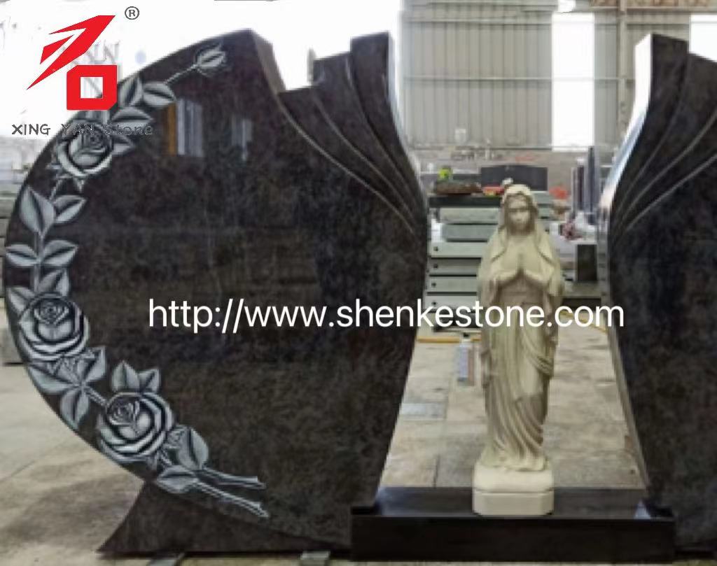 Dvojitá vyřezávaná Rose Mary Headstone Bahama Blue Granite